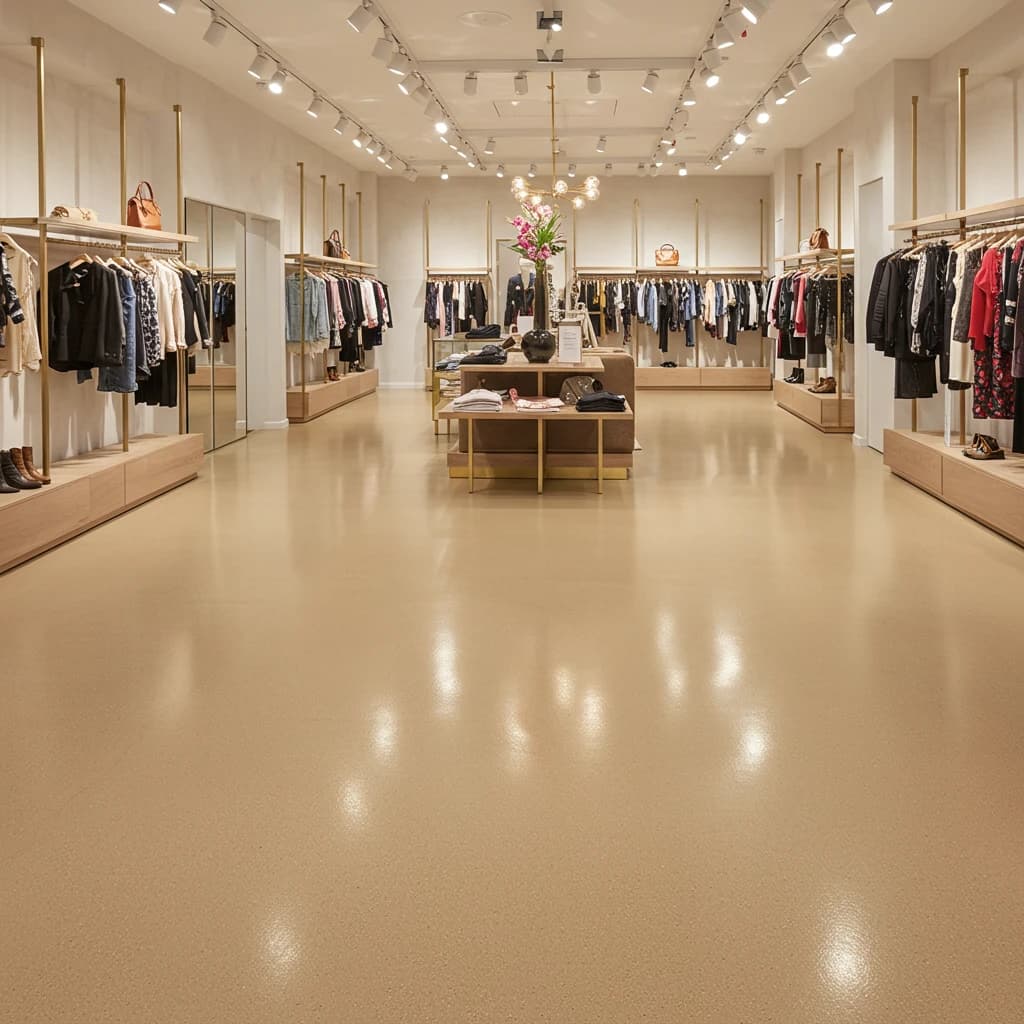 Tan flake floor coating in a clothing retail store