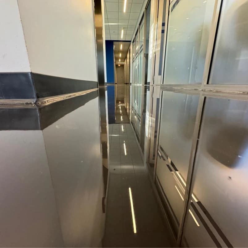 Commercial hallway with a mirror finish epoxy floor coating beside glass partitions