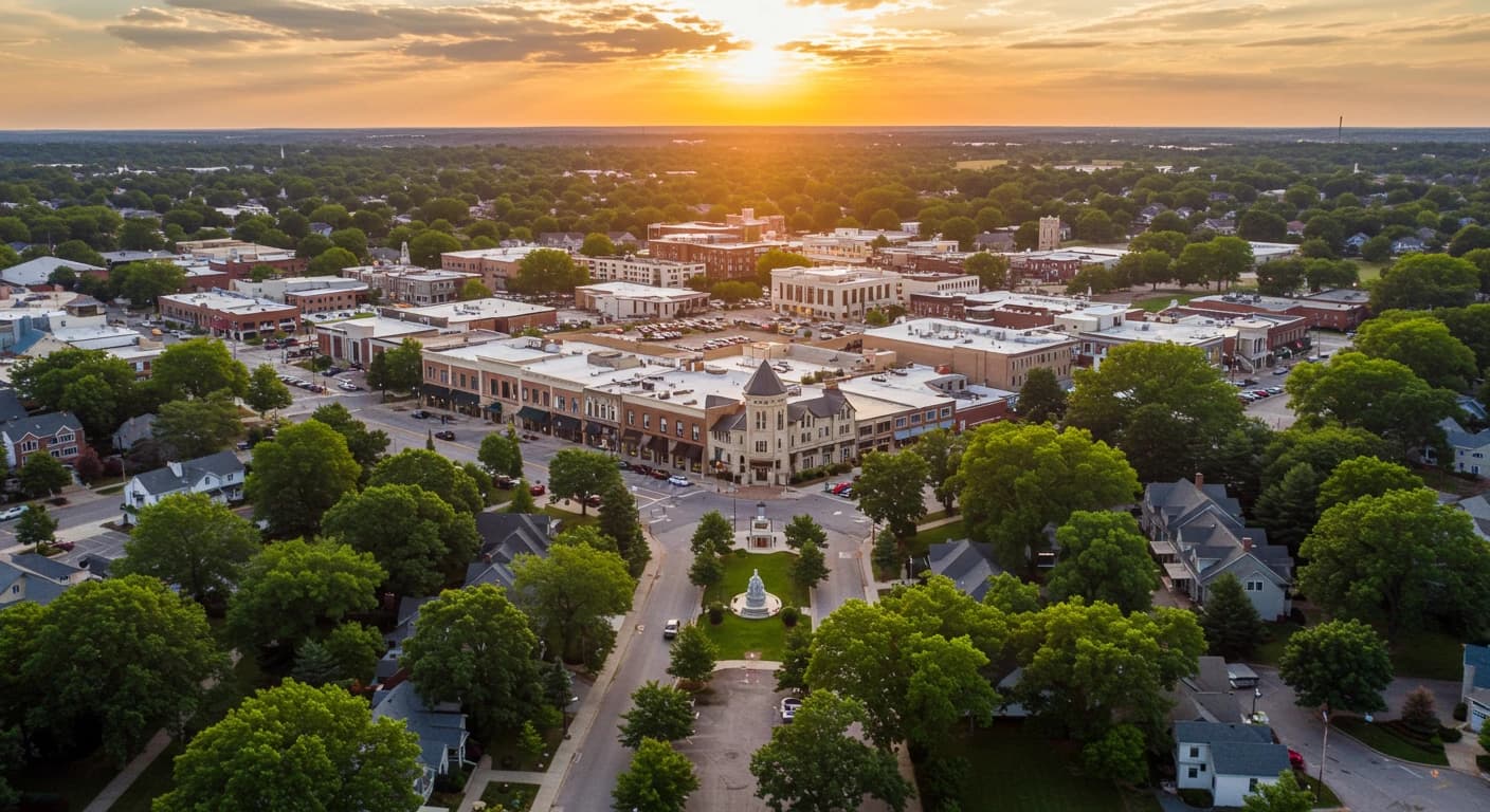 Aerial view of a downtown business district at sunset, brick storefronts and a turreted corner building among tree-lined streets