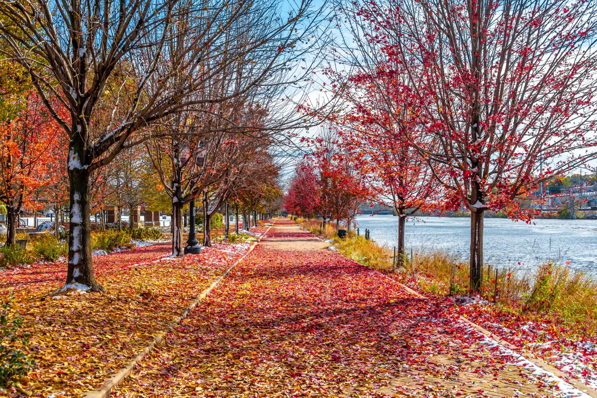 Paved riverside path covered in red and gold fallen leaves with a dusting of snow, river to one side