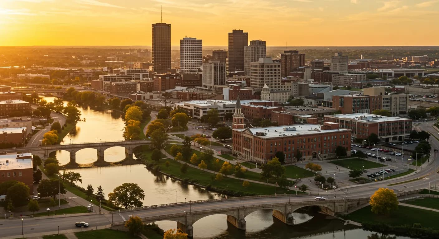 Aerial view of a river winding through a downtown at sunset, with stone arch bridges and a clock-tower building