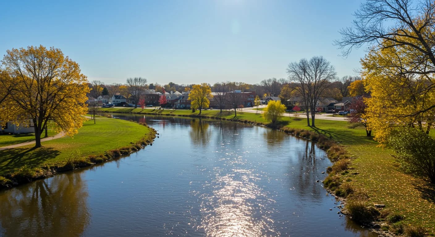 River curving past grassy banks and a small riverside neighborhood, with yellow fall foliage on both sides
