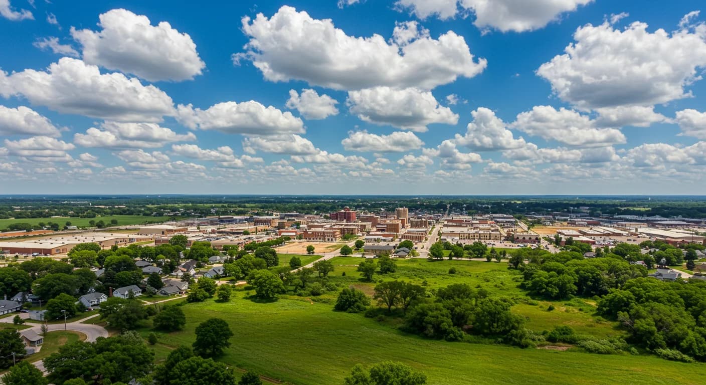 Aerial view of a small downtown under tall cumulus clouds, with farm fields and open green space in the foreground