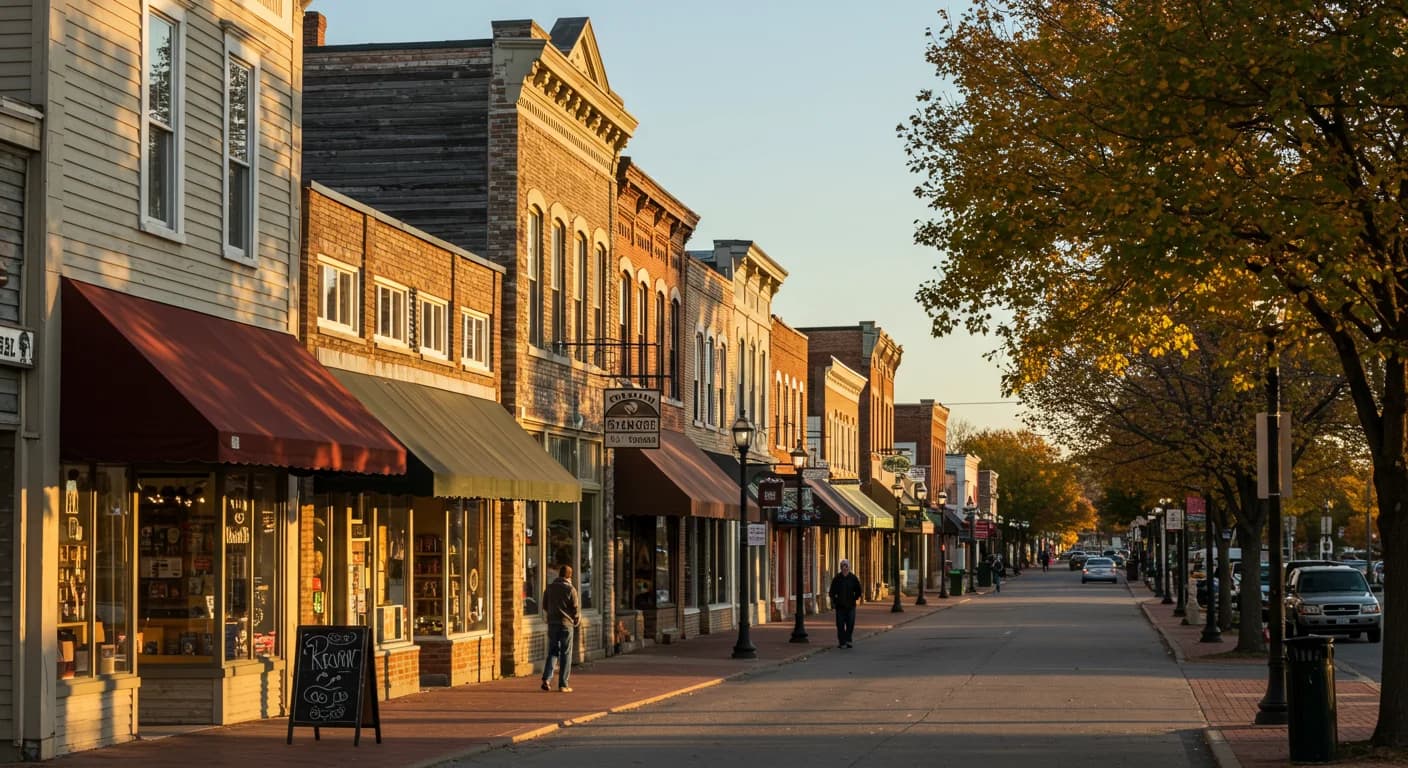 Historic main street at golden hour, brick and clapboard storefronts with awnings above a brick sidewalk