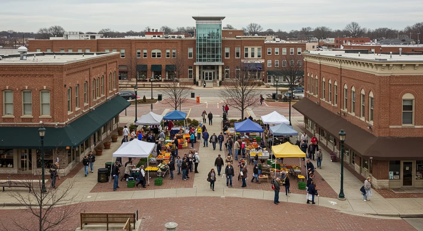 Farmers market tents and shoppers in a brick town plaza ringed by two-story brick commercial buildings