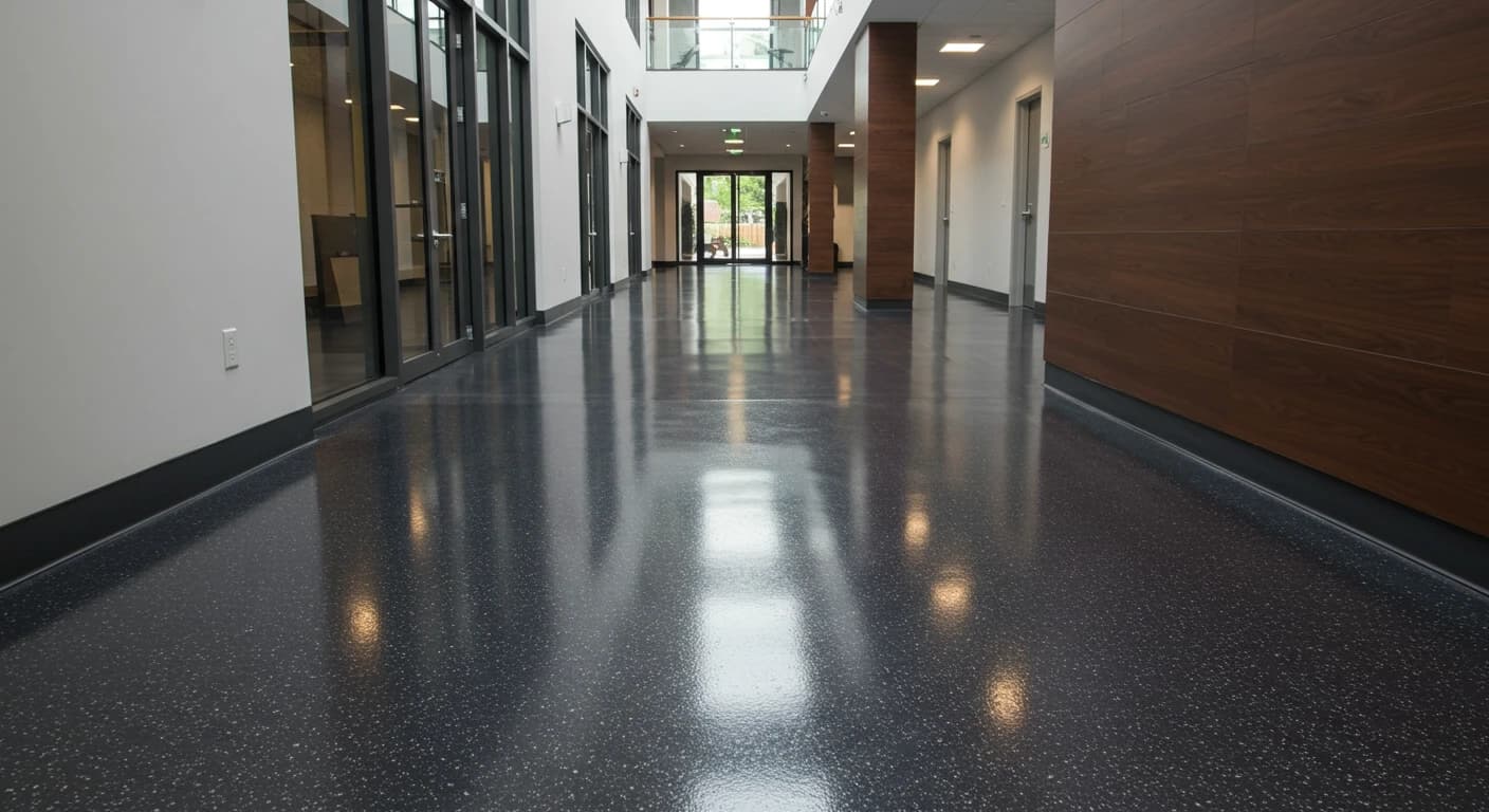 Dark gray flake floor coating in a commercial building corridor