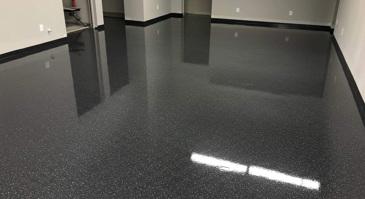 Dark gray flake floor coating in an empty commercial room