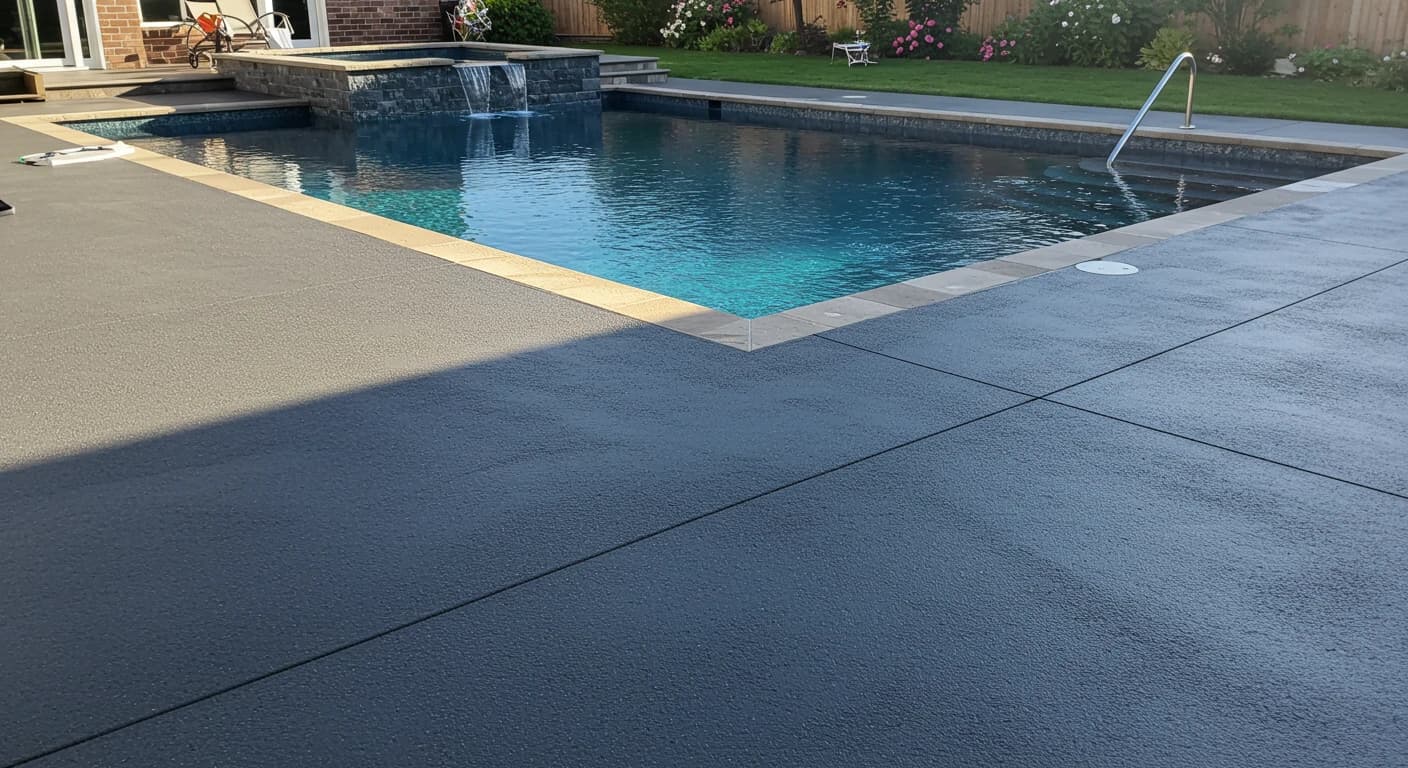 Pool deck resurfacing with textured non-slip flake coating