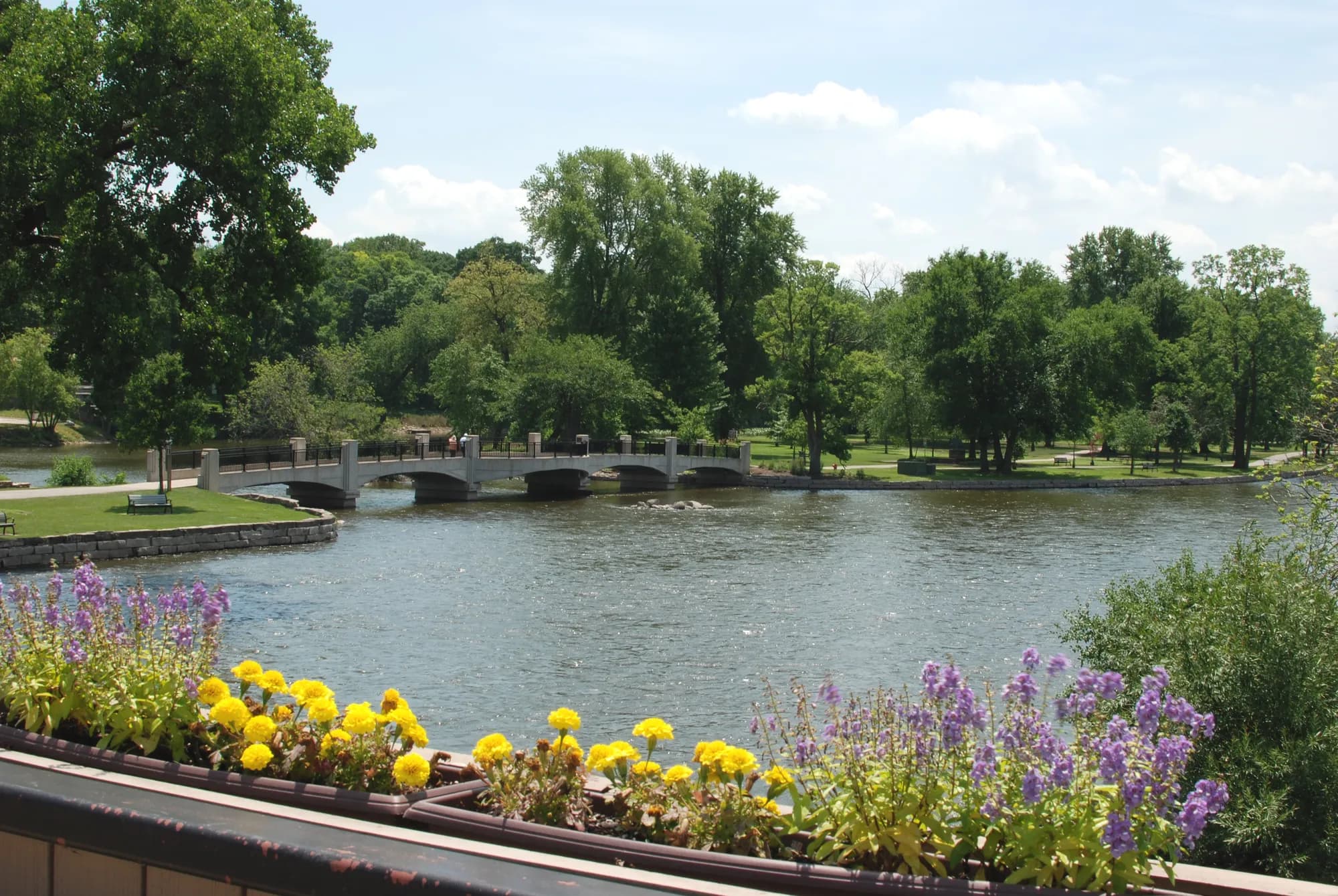 Stone arch footbridge over a river beside a park lawn, with yellow and purple flowers in a planter in the foreground