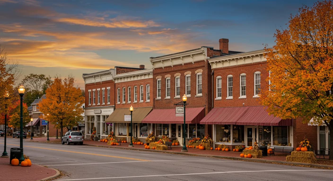 Row of two-story brick storefronts with awnings at dusk, pumpkins and hay bales along the sidewalk