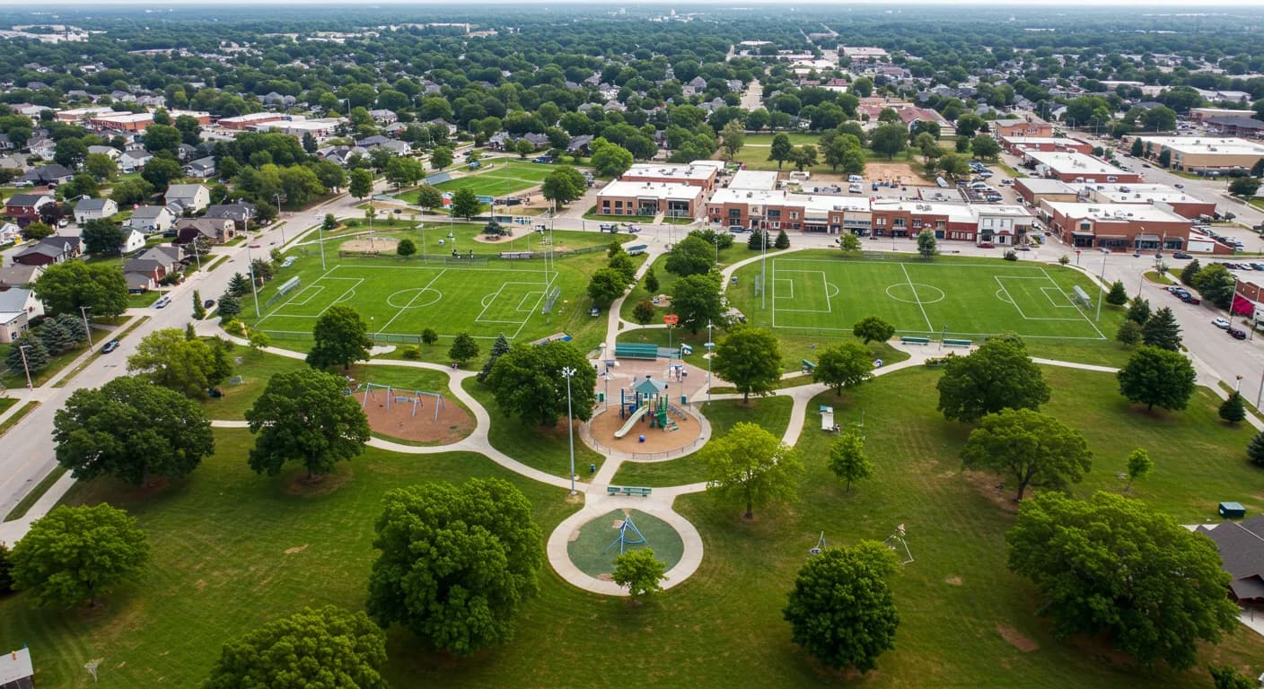Aerial view of a park with two soccer fields, a playground and walking paths, with a shopping center beyond