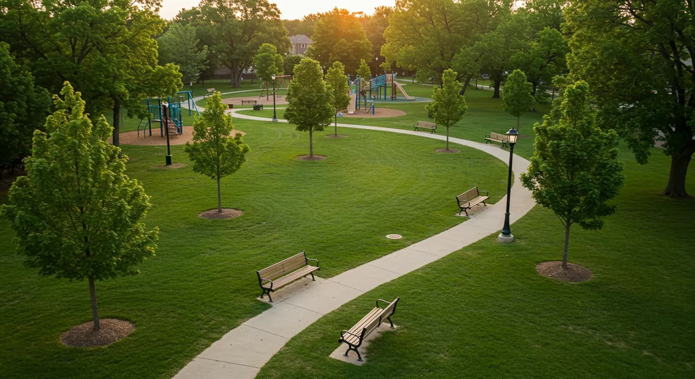 Aerial view of a neighborhood park at sunset, with curving walking paths, benches and a playground