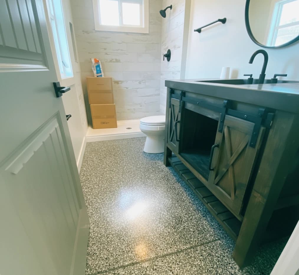 Epoxy basement floor coating with flake finish